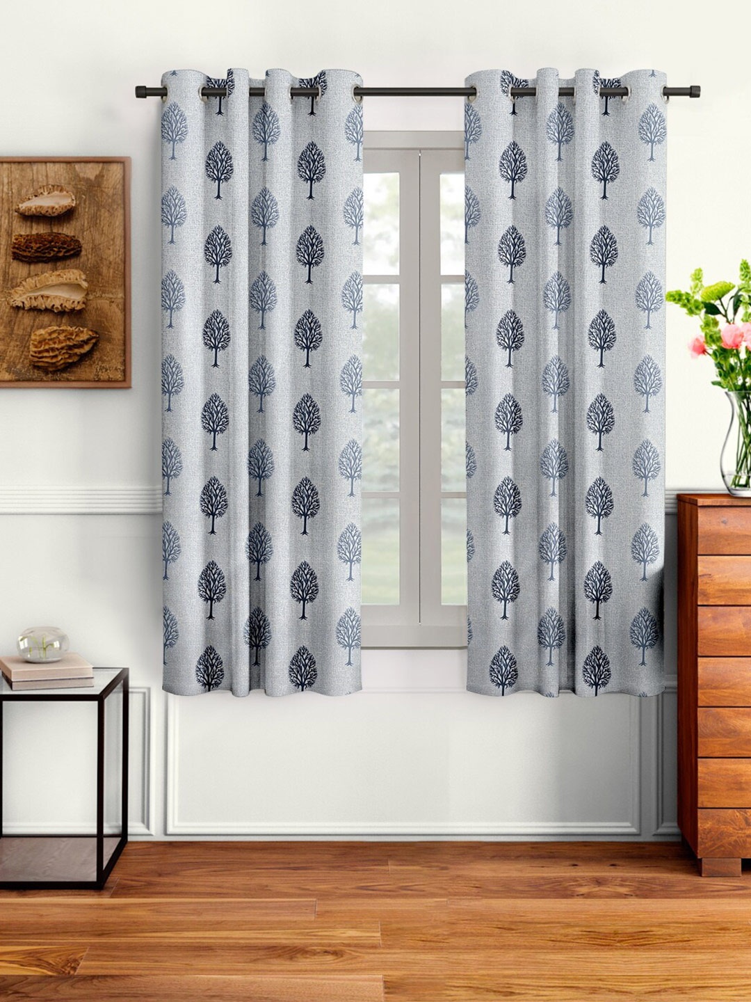 Cortina Grey & Blue Set of 2 Floral Window Curtains