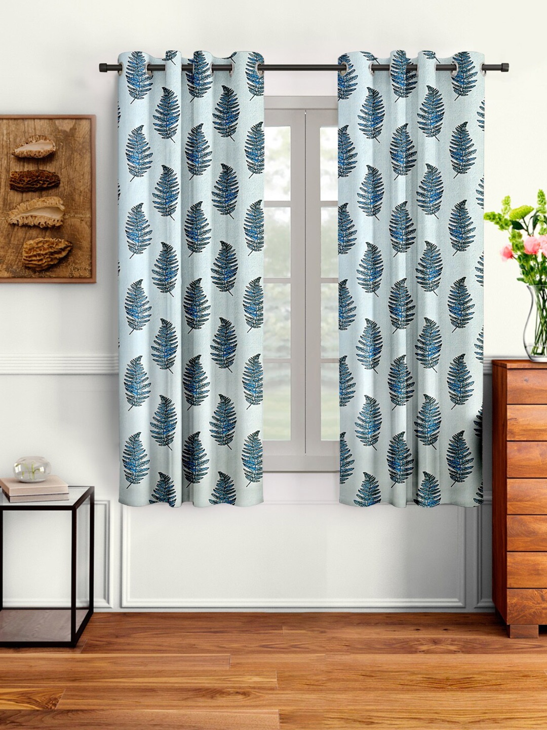 Cortina Blue & Black Set of 2 Floral Window Curtain