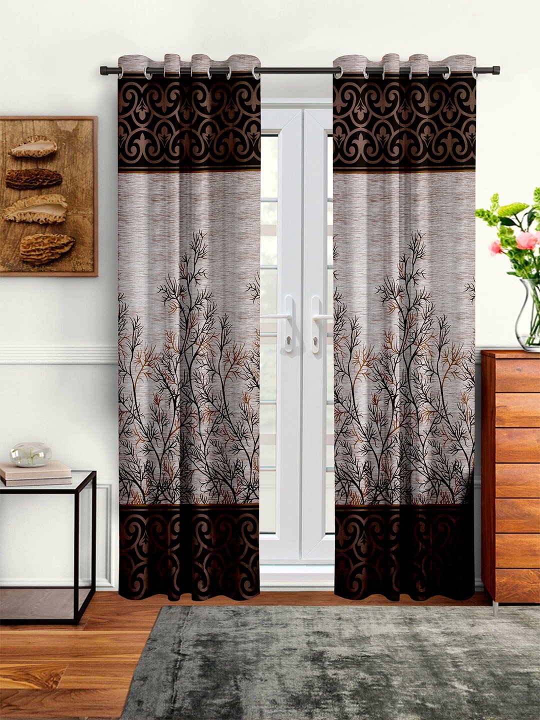 

Cortina Brown & Black Set of 2 Floral Long Door Curtain
