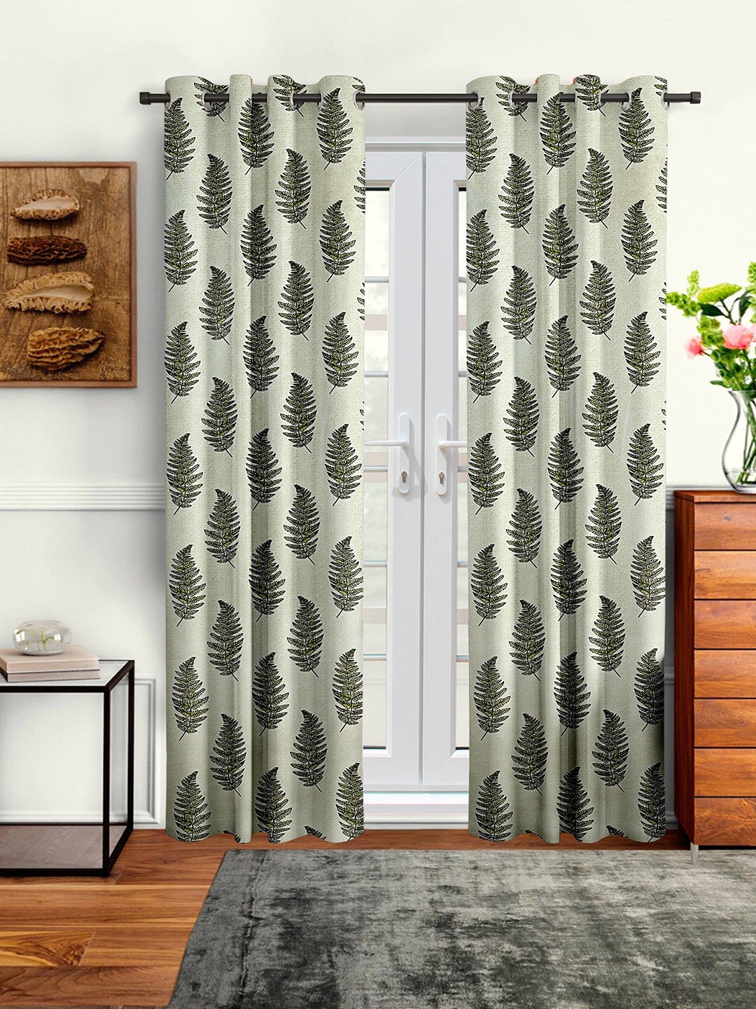 Cortina Green & White Set of 2 Floral Long Door Curtain