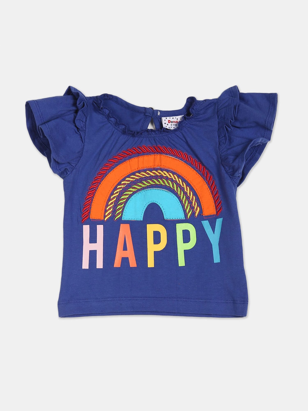 

Donuts Girls Blue Typography Print Flutter Sleeves Ruffled Top