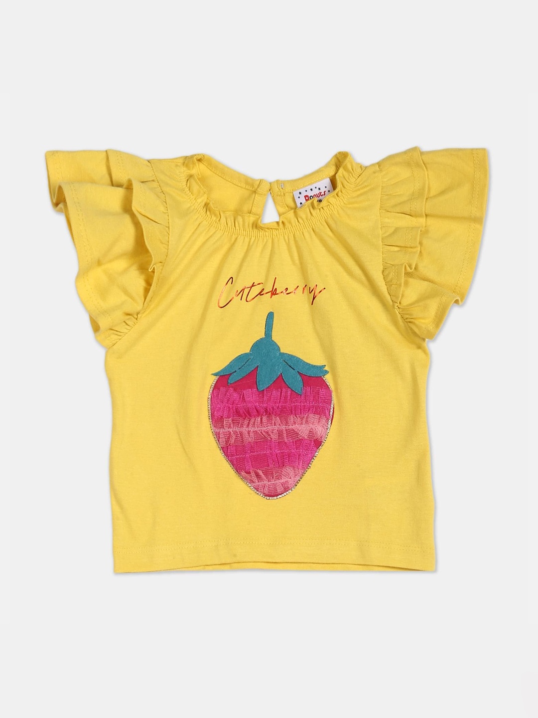 

Donuts Girls Yellow Printed Layered Flutter Sleeves Applique Top