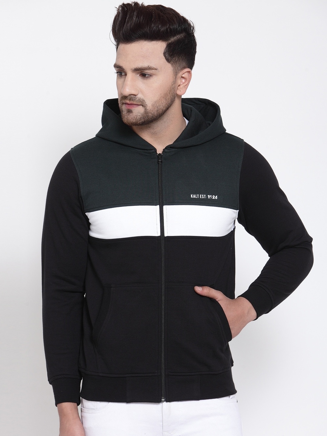 

Kalt Men Teal Green & Black Colourblocked Hooded Fleece Sweatshirt