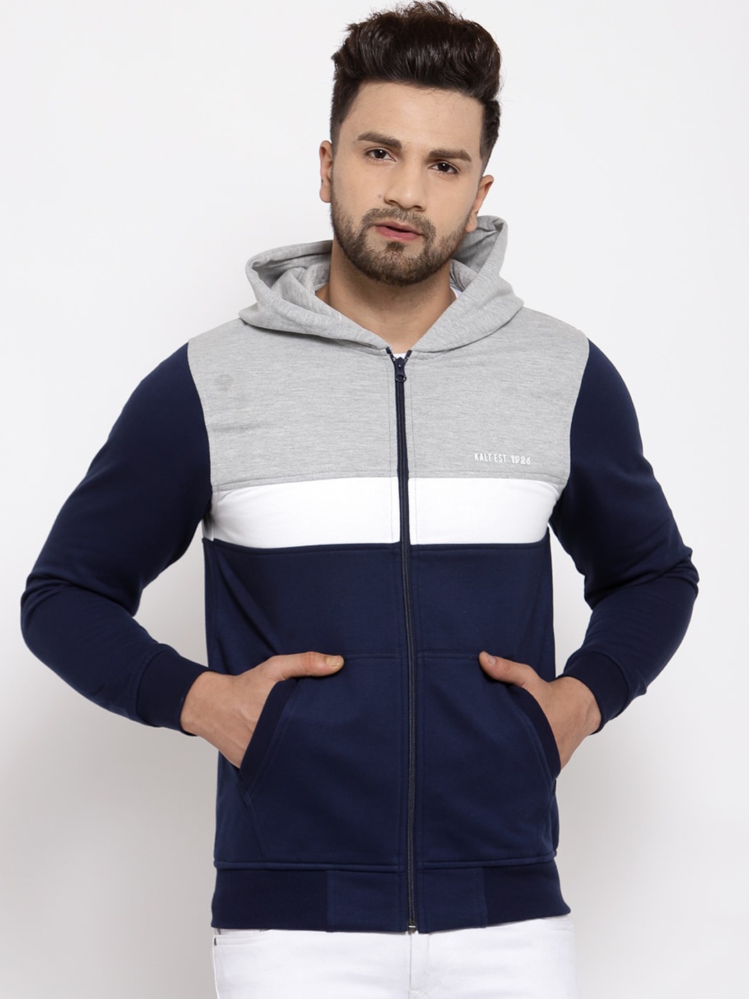 

Kalt Men Navy Blue & Grey Colourblocked Hooded Fleece Sweatshirt