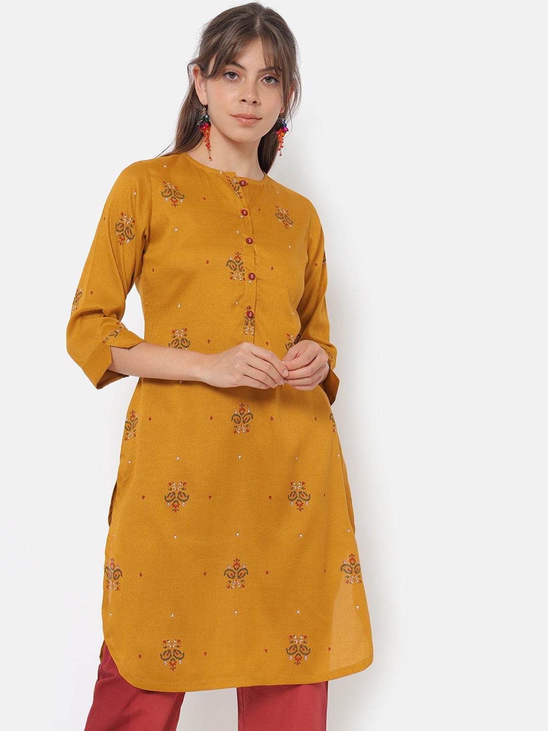 

Saaki Women Mustard Yellow Ethnic Motifs Printed Cotton A-line Kurta