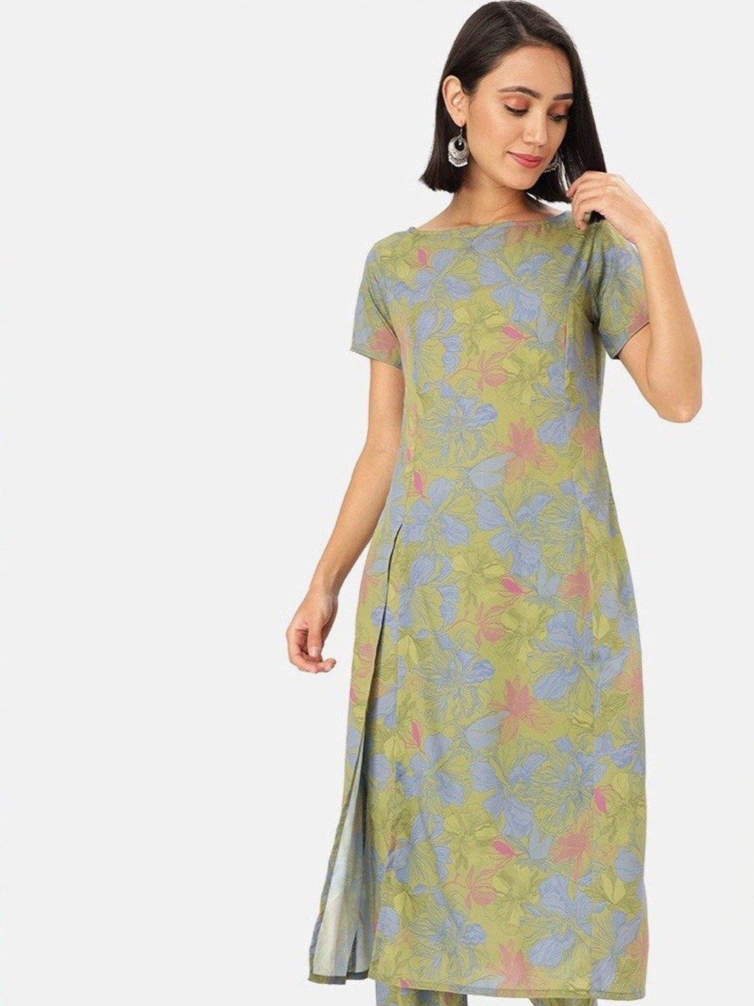

Saaki Women Green & Blue Floral Printed Cotton Straight Kurta