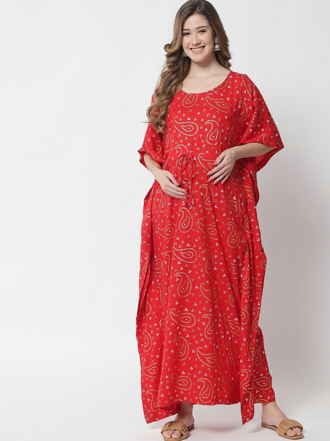 

Aujjessa Red Bandhani Foil Printed Maternity Kaftan Maxi Dress