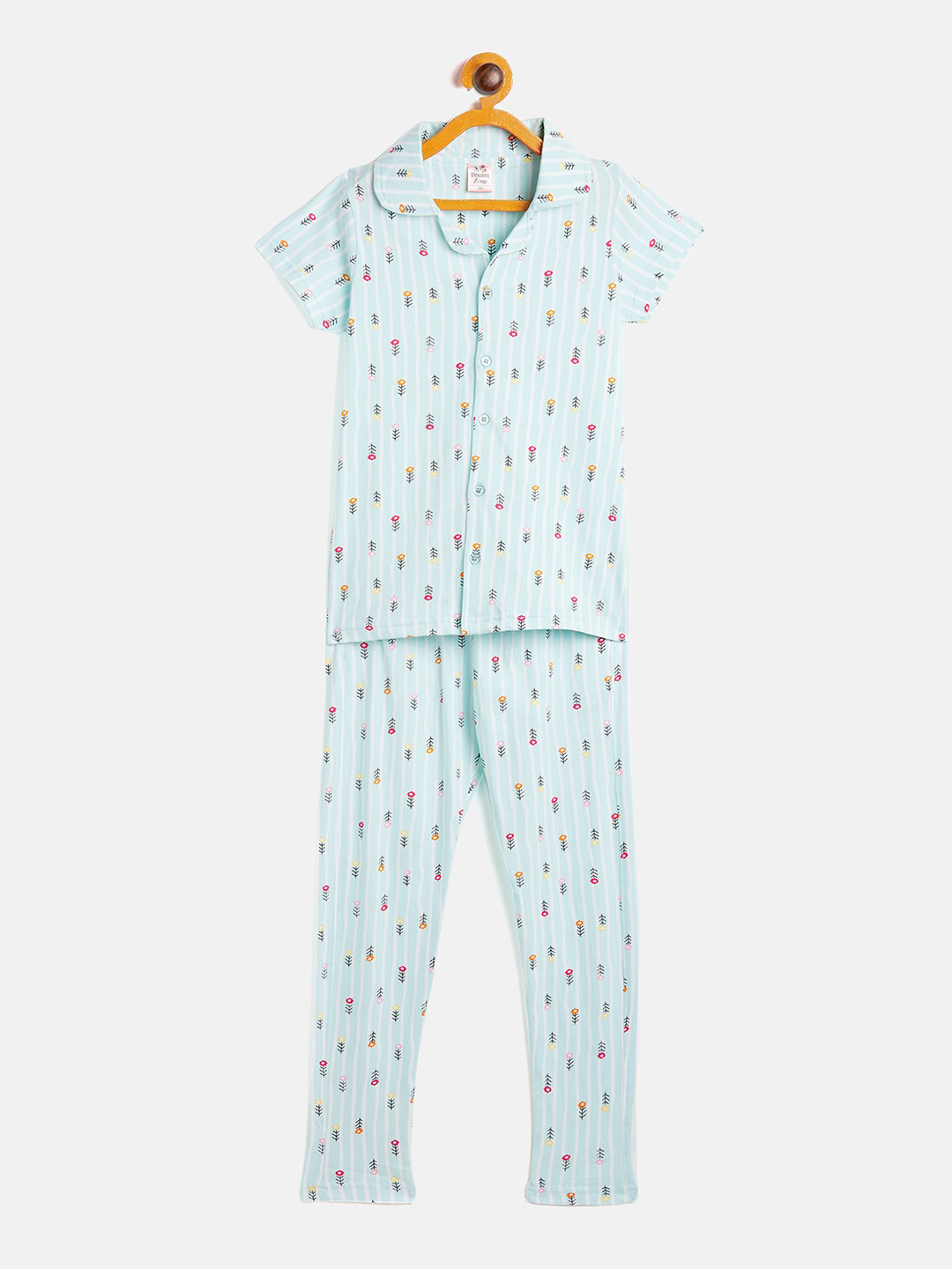 

DREAMZONE Girls Sea Green & Yellow Printed Cotton Blend Night suit