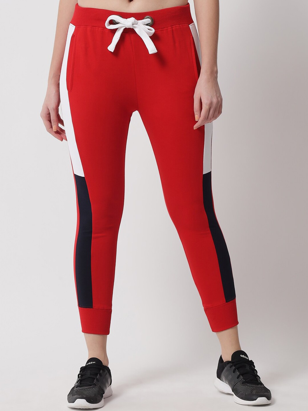 The Dry State Women Red Mid-Rise Joggers With Side Stripes