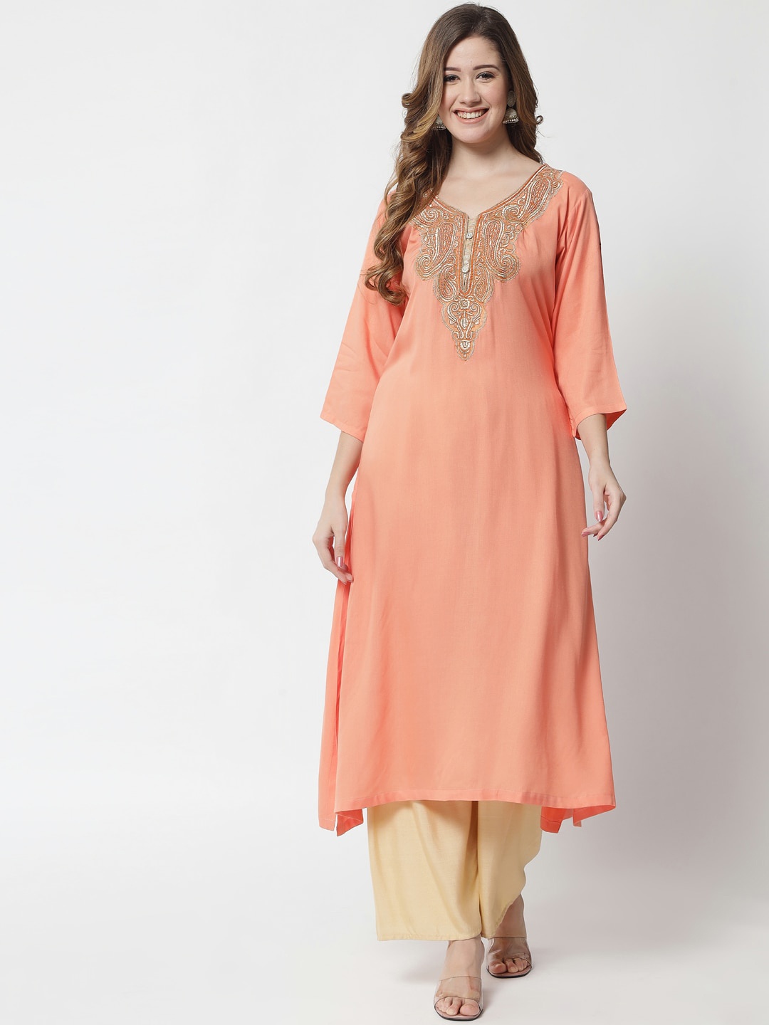 

Aujjessa Women Peach-Coloured Ethnic Motifs Zari Yoke Design A-line Kurta