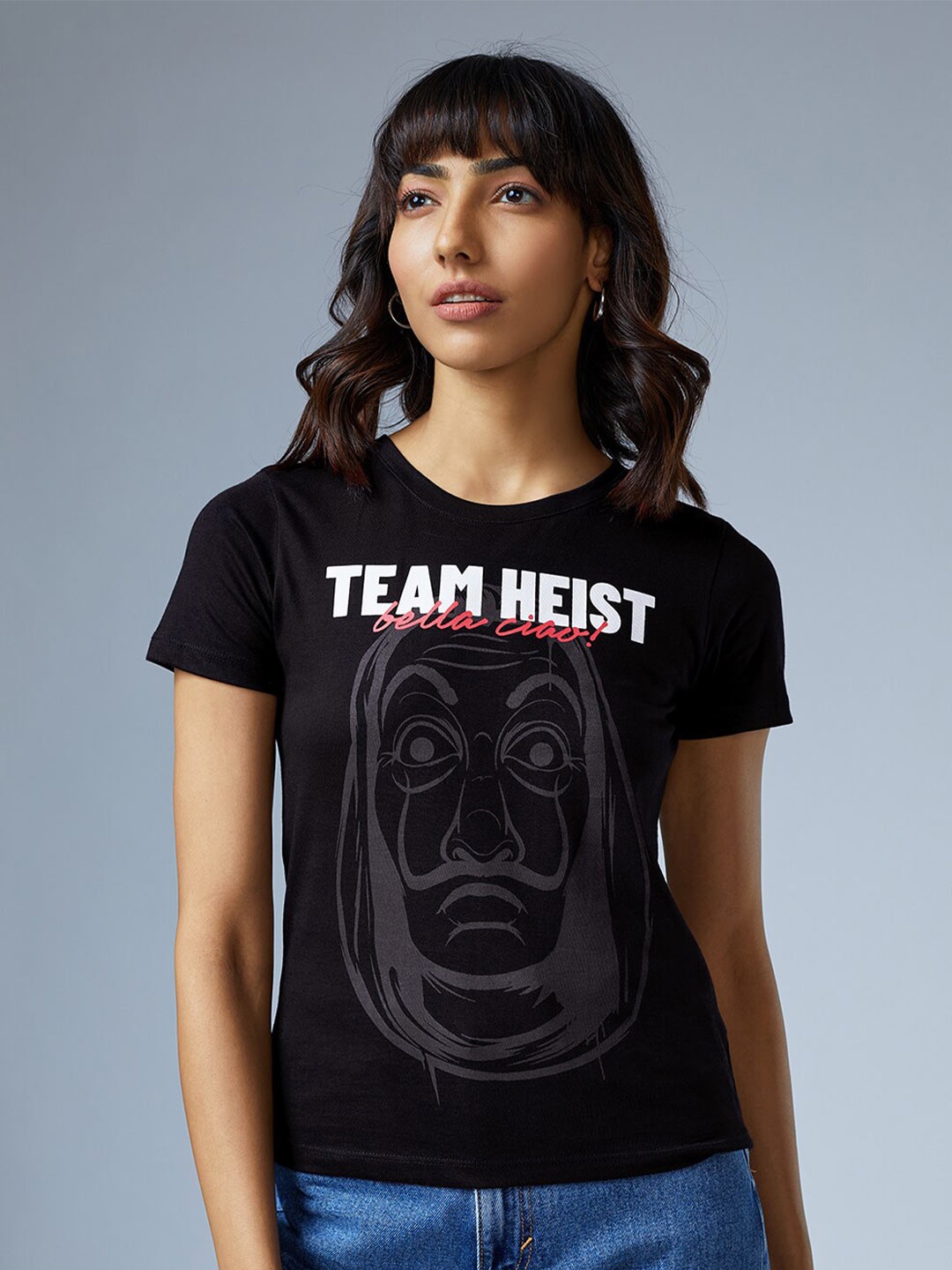 The Souled Store Women Black Money Heist Typography Printed Pure Cotton T-shirt