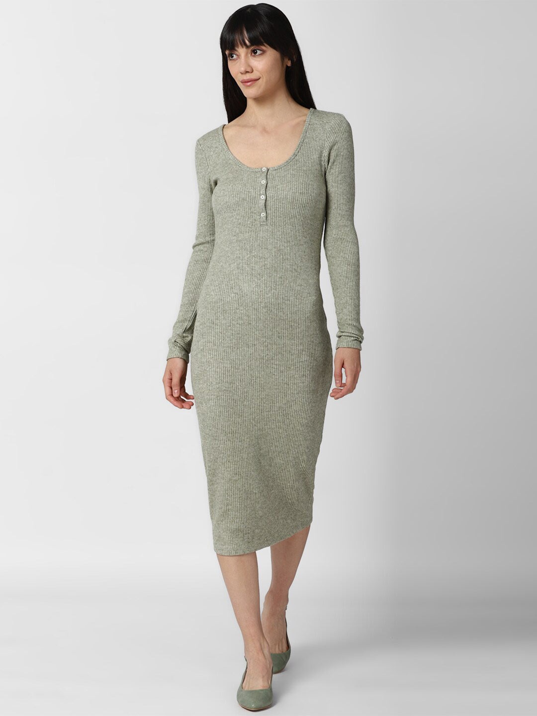 

FOREVER 21 Women Green Self Design Bodycon Midi Dress