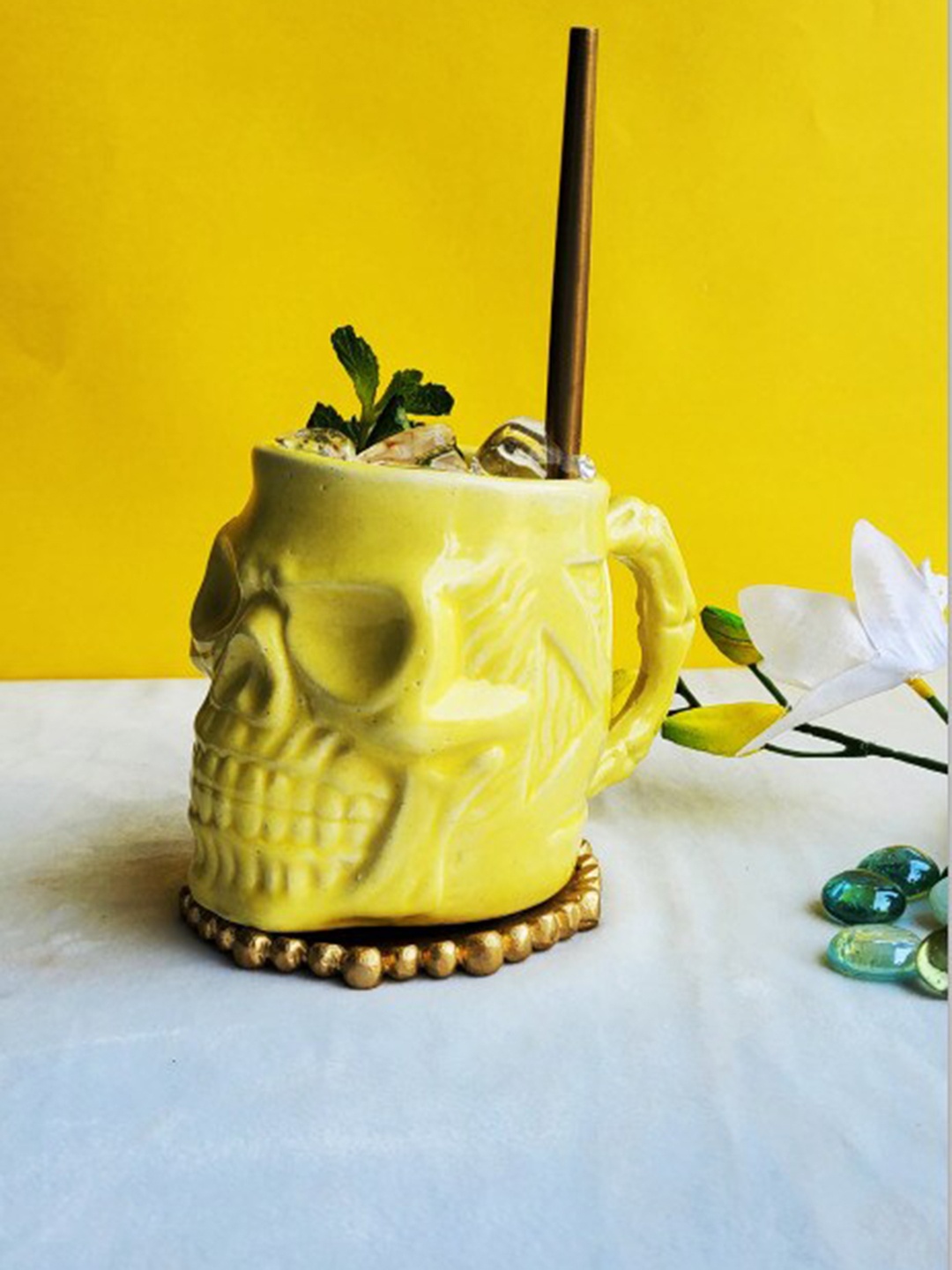 

Folkstorys Yellow Textured Ceramic Vertex Tikki Mug