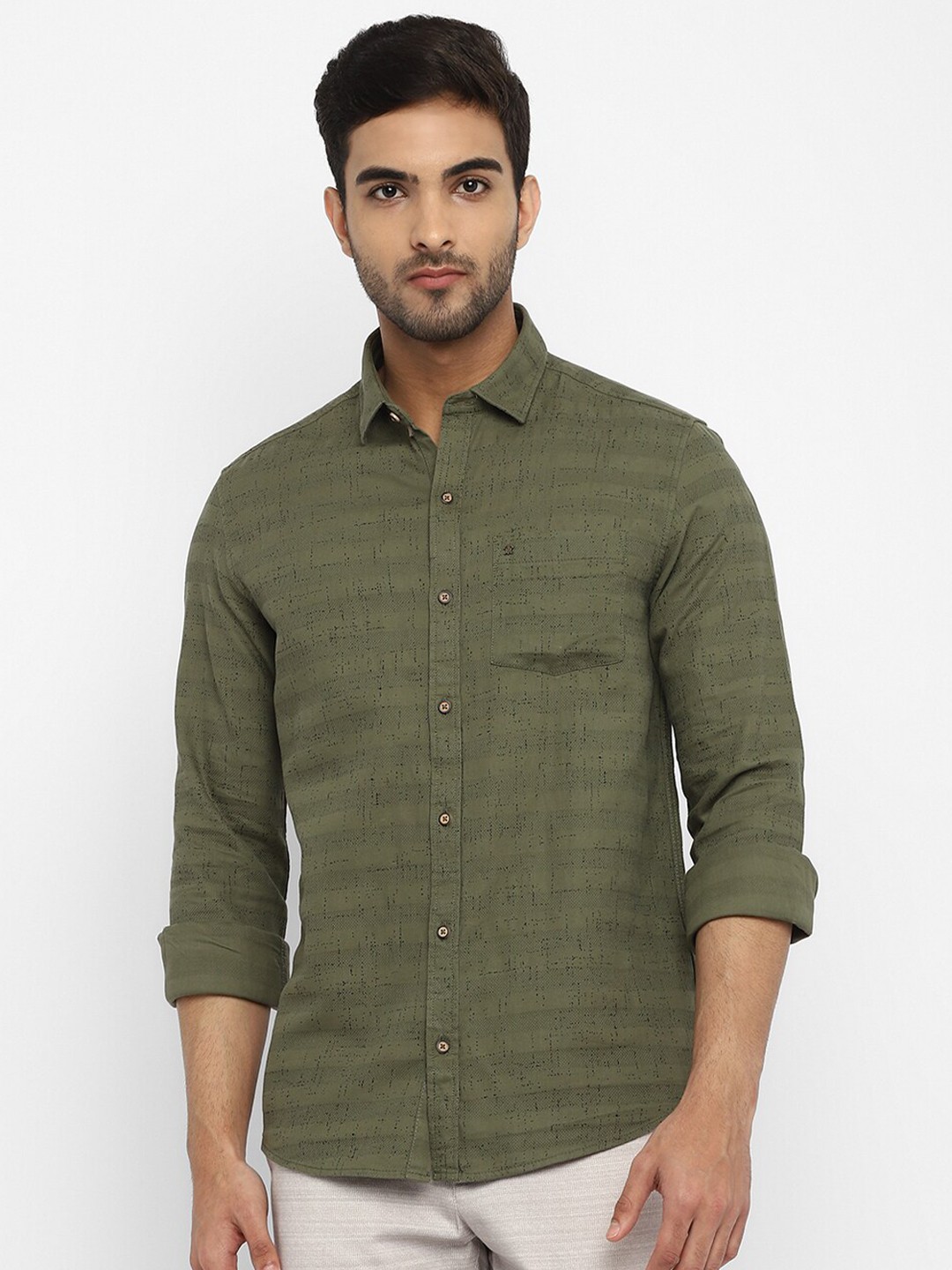 

Turtle Men Olive Green Slim Fit Printed Cotton Casual Shirt