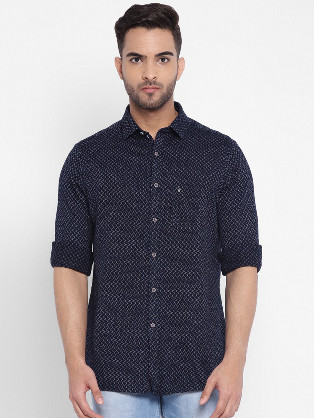 

Turtle Men Navy Blue Skinny Fit Printed Cotton Casual Shirt