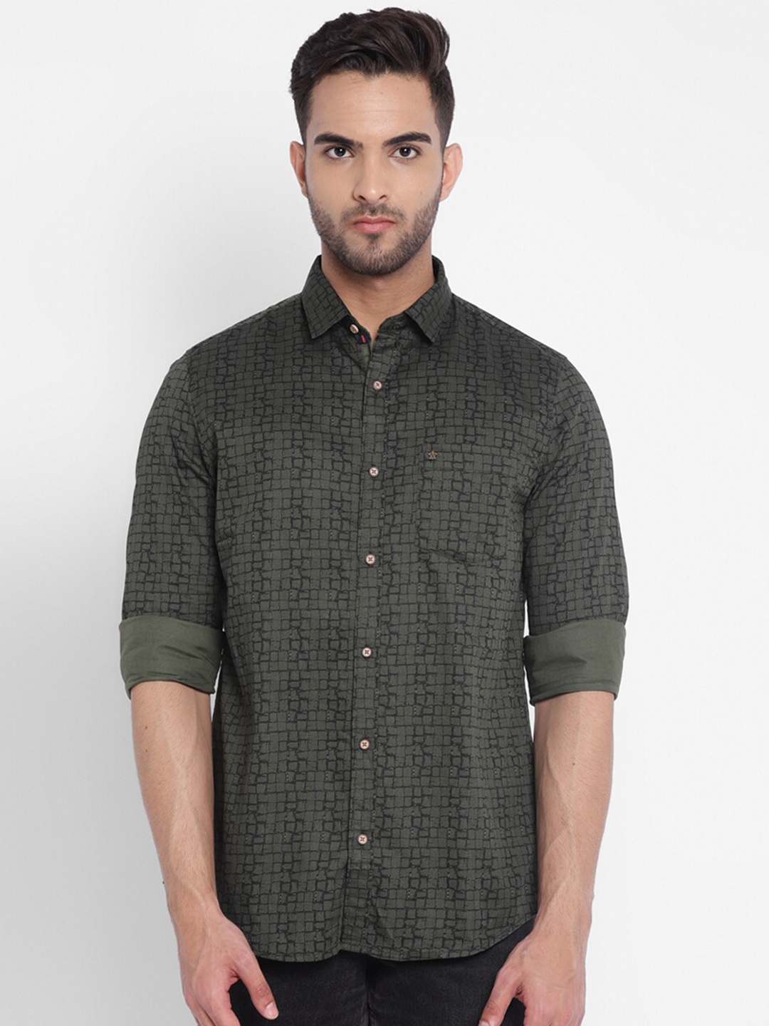 

Turtle Men Olive Green Slim Fit Printed Cotton Casual Shirt