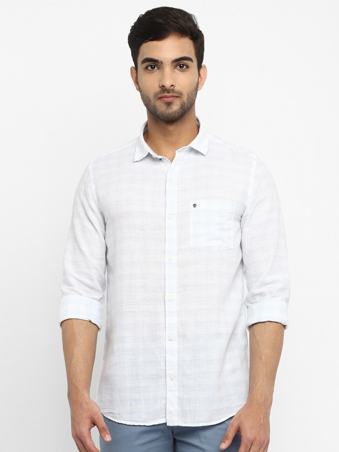 

Turtle Men White Slim Fit Checked Linen Casual Shirt