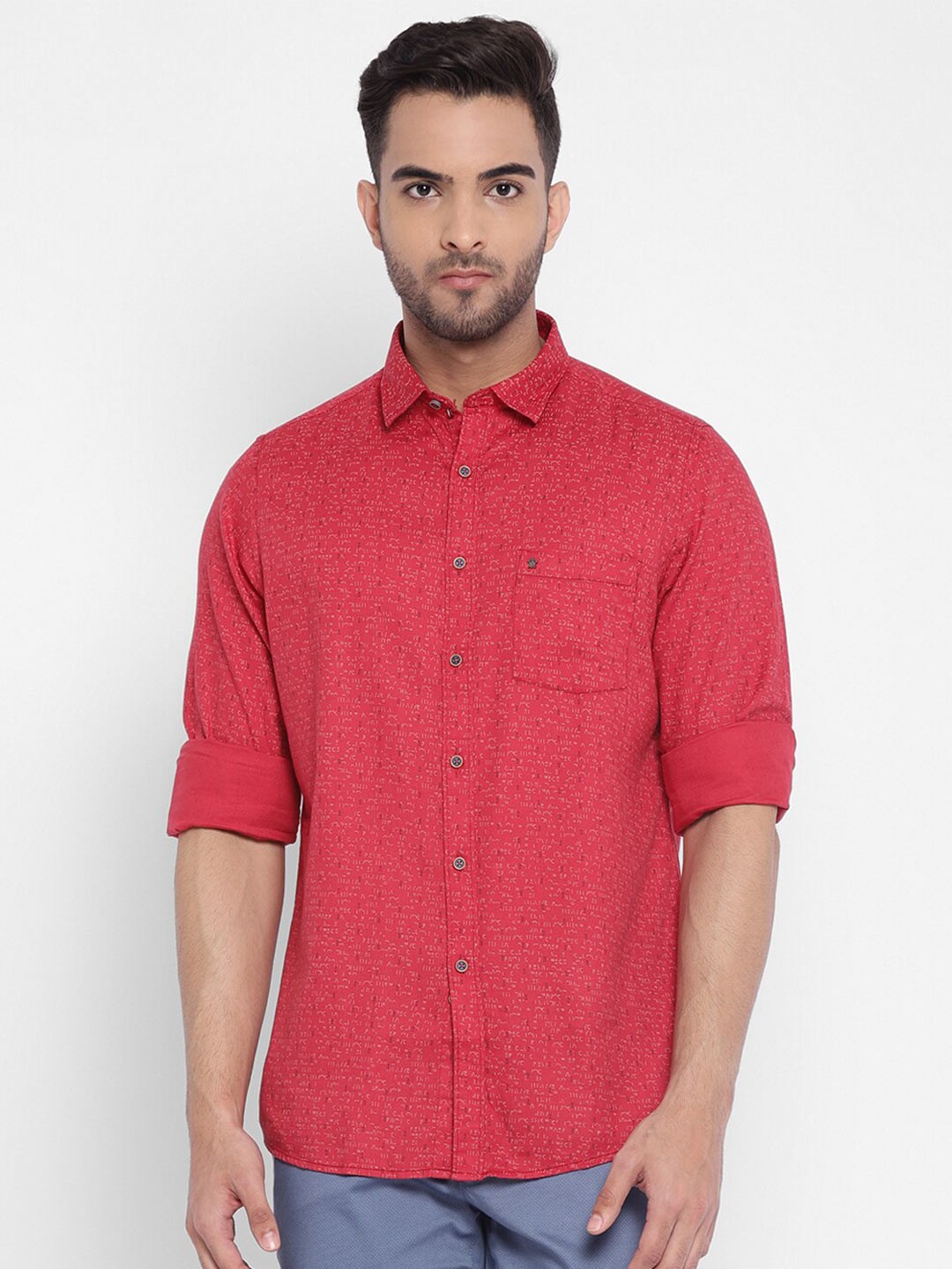 

Turtle Men Red Slim Fit Printed Cotton Casual Shirt