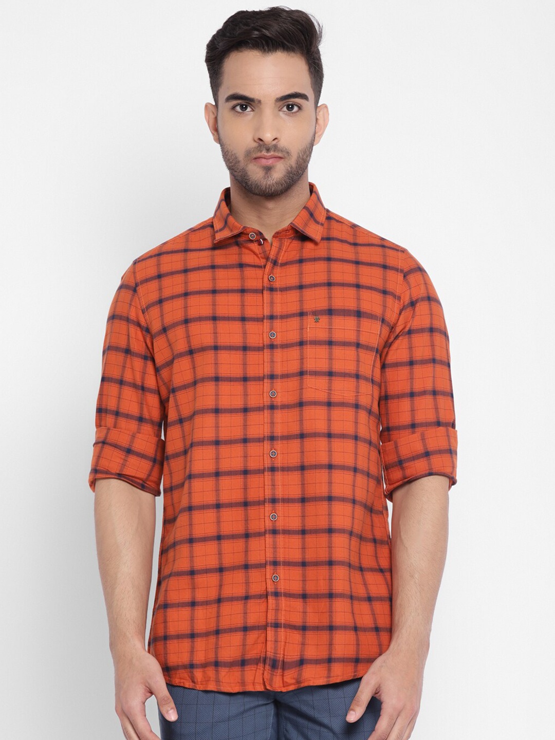 

Turtle Men Orange & Navy Blue Slim Fit Tartan Checked Cotton Casual Shirt