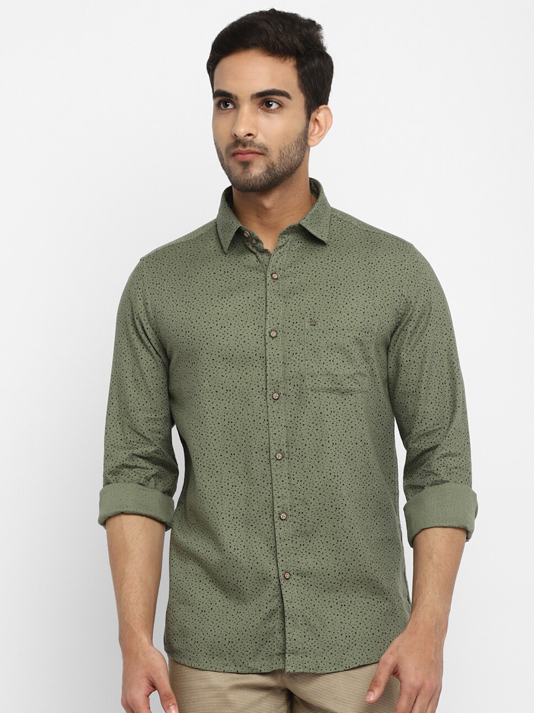 

Turtle Men Olive Green Slim Fit Printed Cotton Casual Shirt