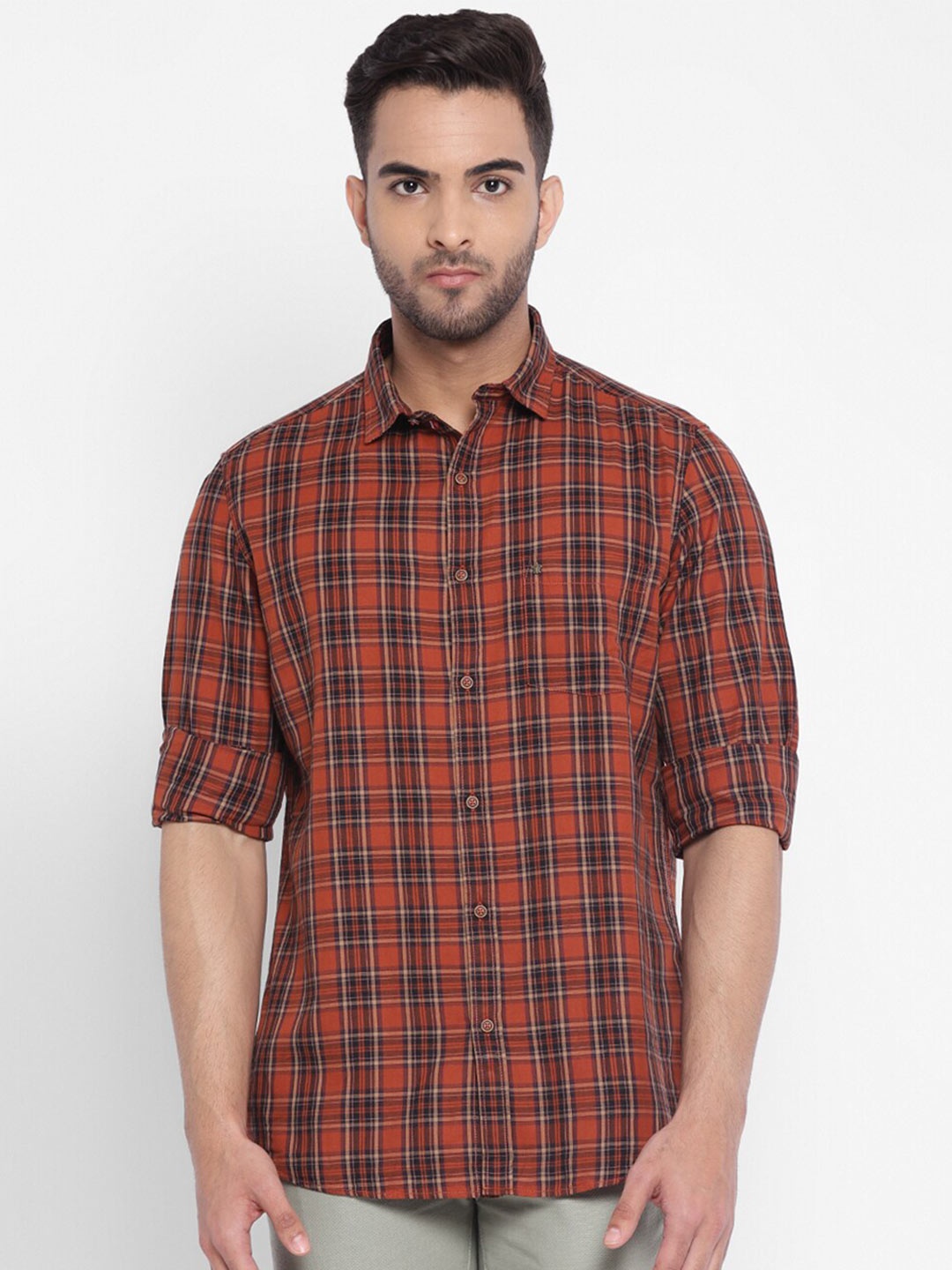 

Turtle Men Brown Slim Fit Tartan Checked Cotton Casual Shirt