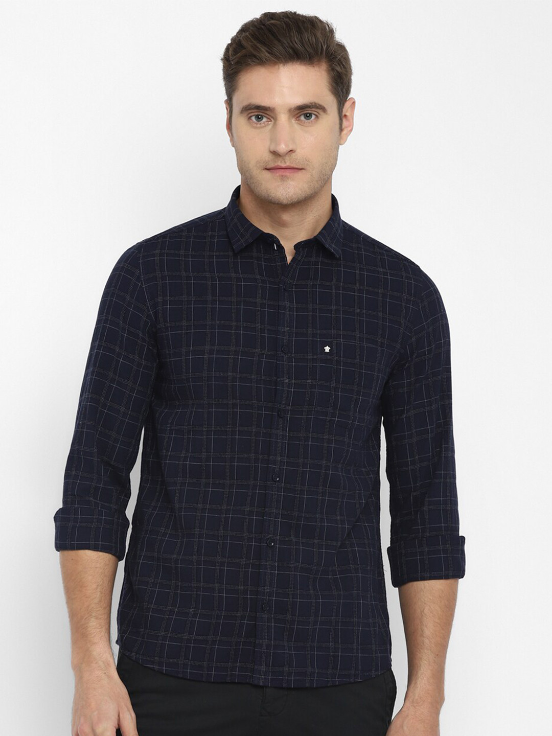 

Turtle Men Navy Blue Slim Fit Grid Tattersall Checked Cotton Casual Shirt