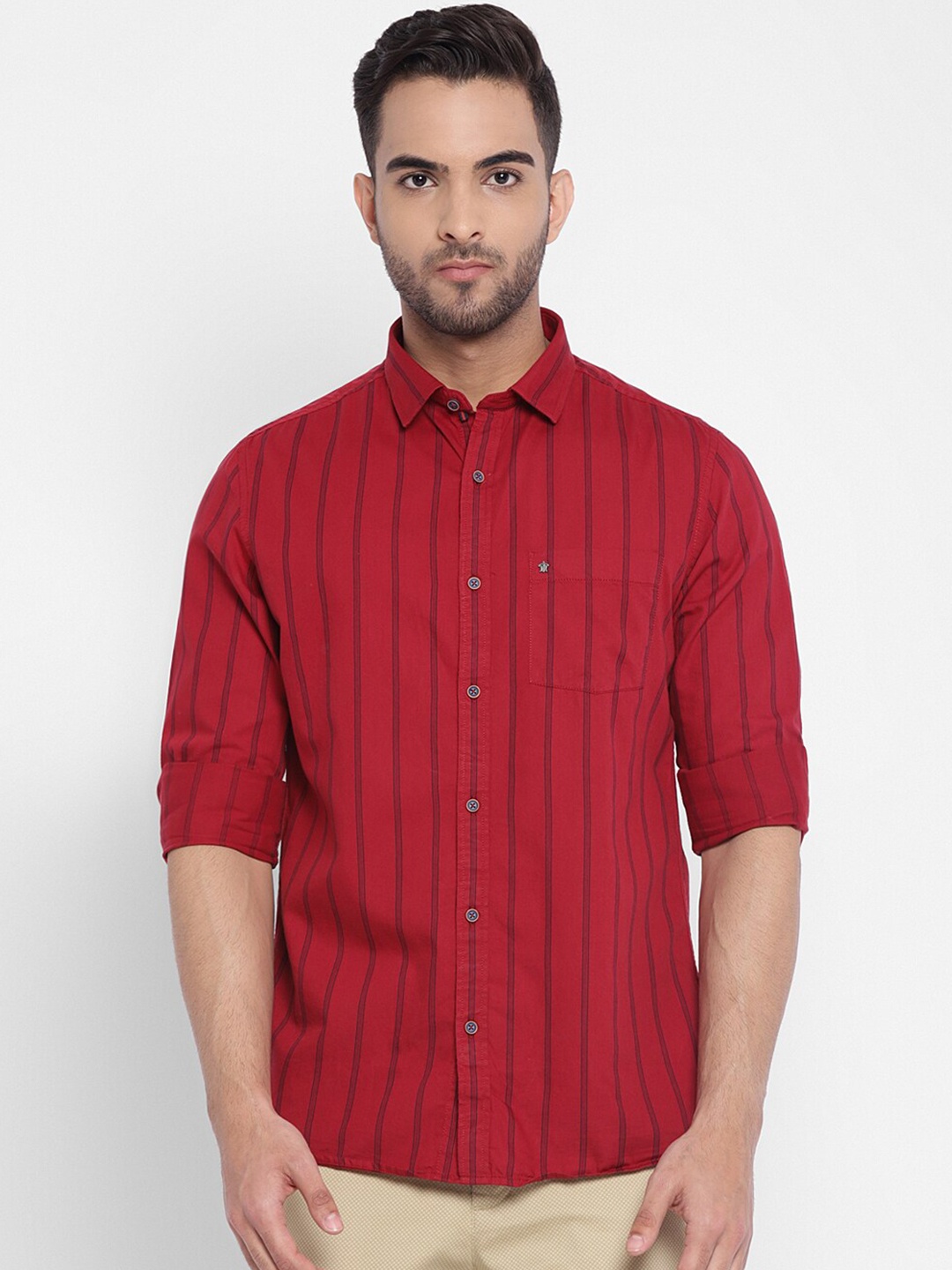 

Turtle Men Red Slim Fit Striped Cotton Casual Shirt