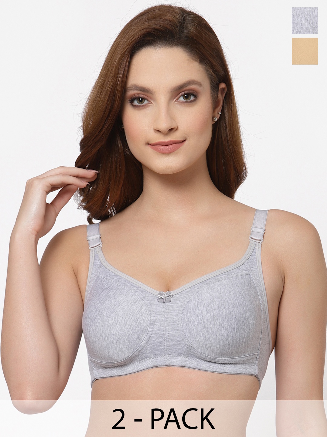 

Floret Pack of 2 Non Padded Non-Wired Cotton Full Coverage Everyday Bra With Moulded Cups, Grey melange