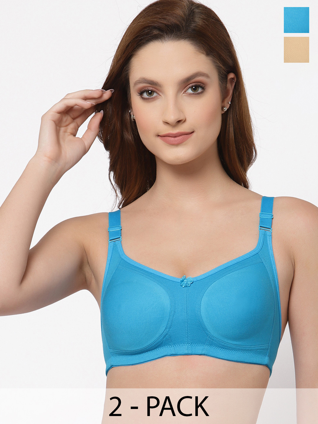

Floret Pack of 2 Non Padded Non-Wired Cotton Full Coverage Everyday Bra With Moulded Cups, Turquoise blue