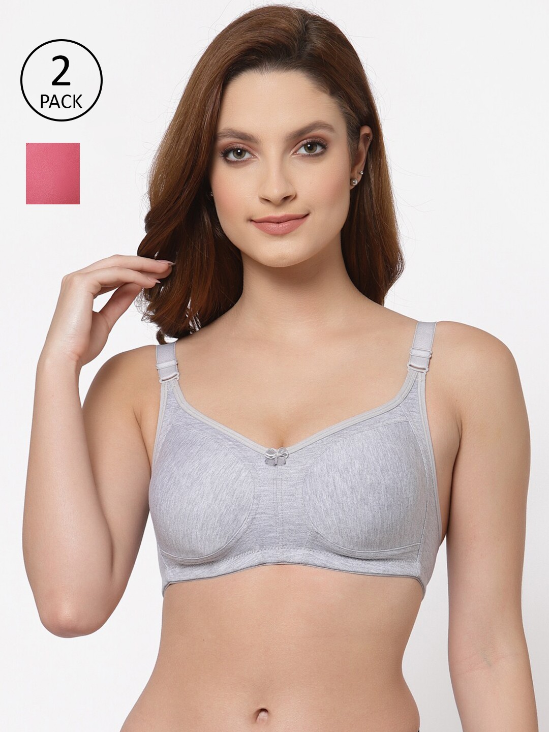 

Floret Pack of 2 Non Padded Non-Wired Cotton Full Coverage Everyday Bra With Moulded Cups, Grey melange
