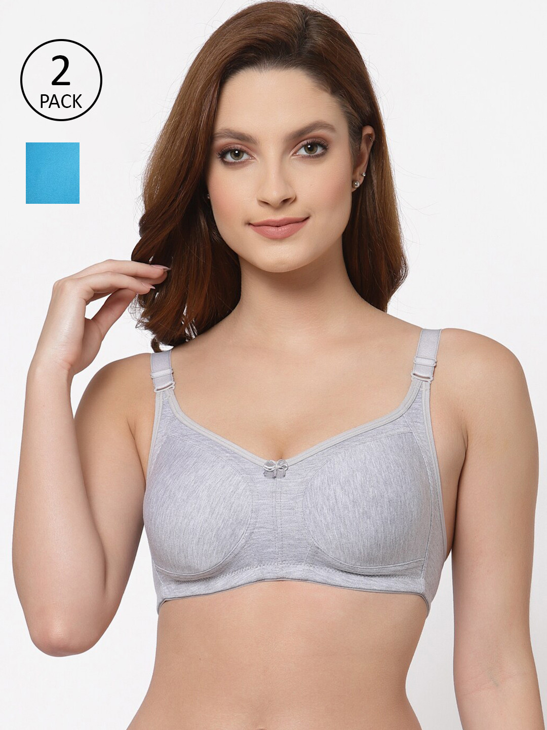 

Floret Pack of 2 Non Padded Non-Wired Cotton Full Coverage Everyday Bra With Moulded Cups, Grey melange