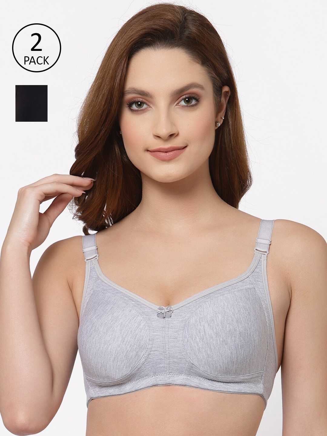 

Floret Pack of 2 Non Padded Non-Wired Cotton Full Coverage Everyday Bra With Moulded Cups, Grey melange