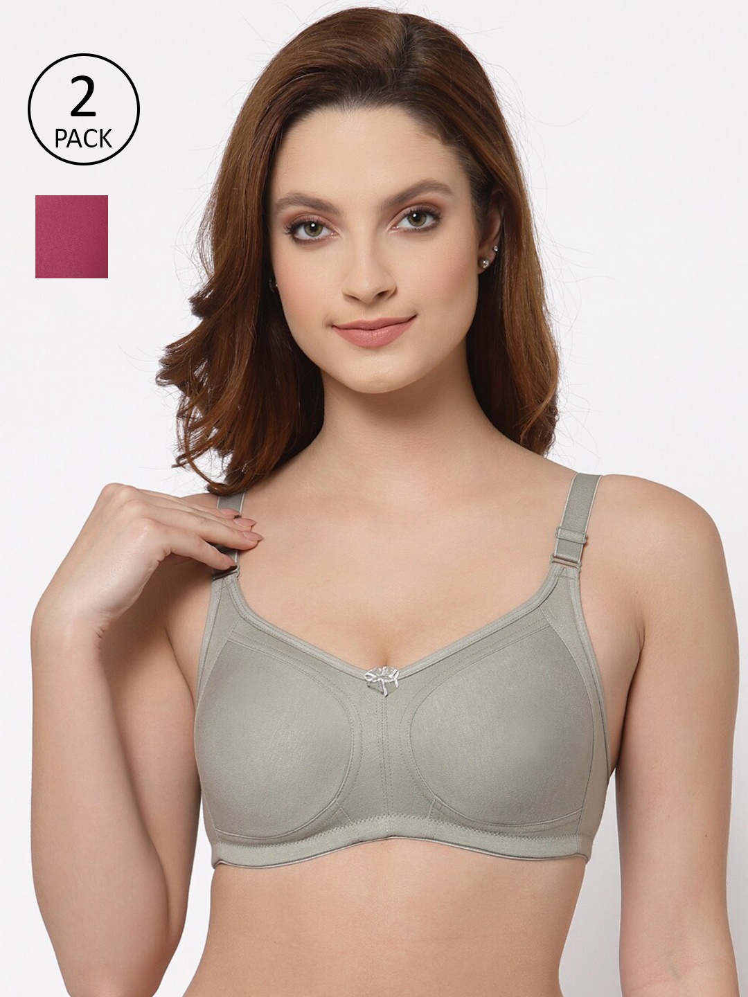 

Floret Pack of 2 Non Padded Non-Wired Cotton Full Coverage Everyday Bra With Moulded Cups, Grey