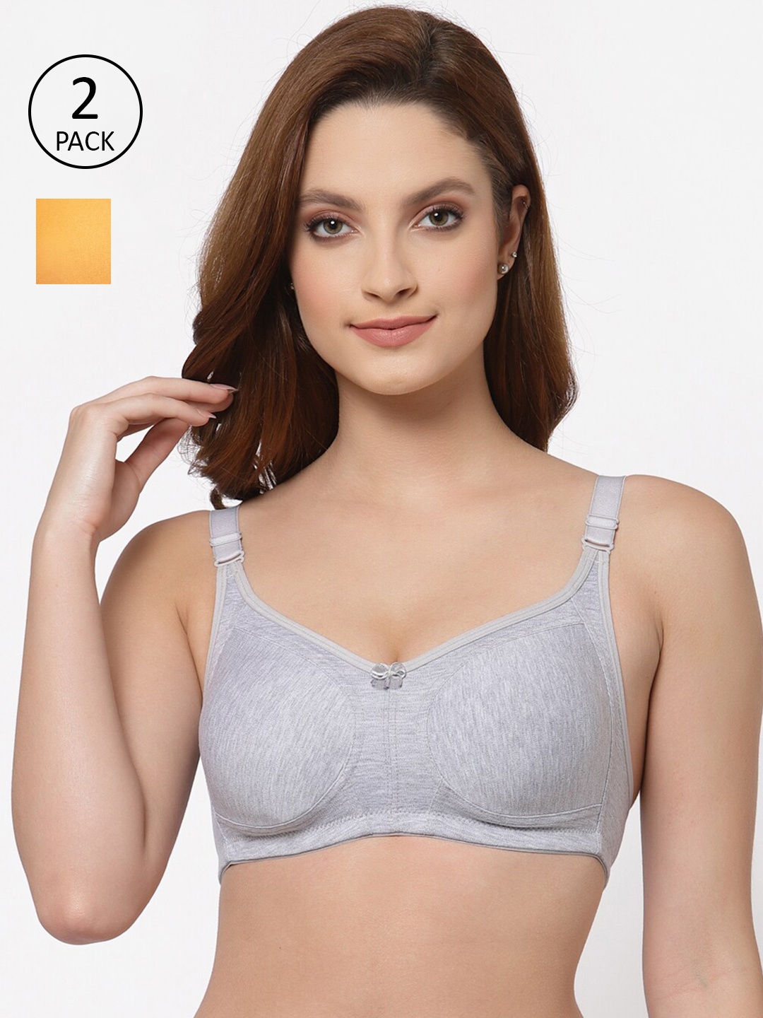 

Floret Pack of 2 Non Padded Non-Wired Cotton Full Coverage Everyday Bra With Moulded Cups, Grey melange