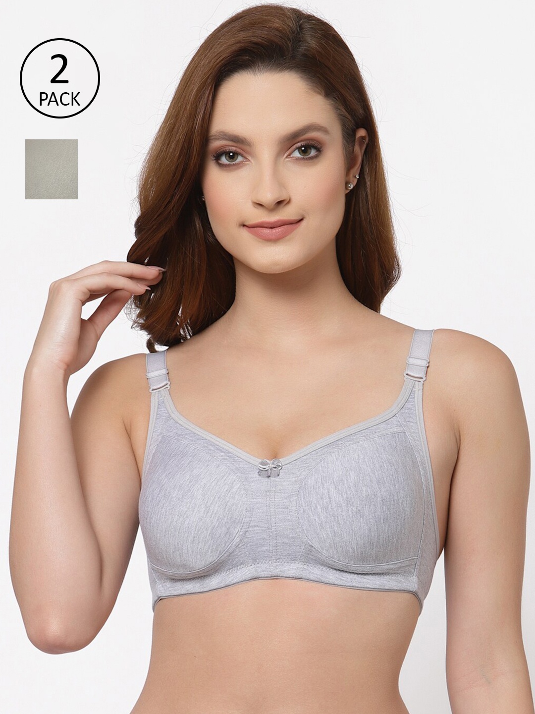 

Floret Pack of 2 Non Padded Non-Wired Cotton Full Coverage Everyday Bra With Moulded Cups, Grey melange