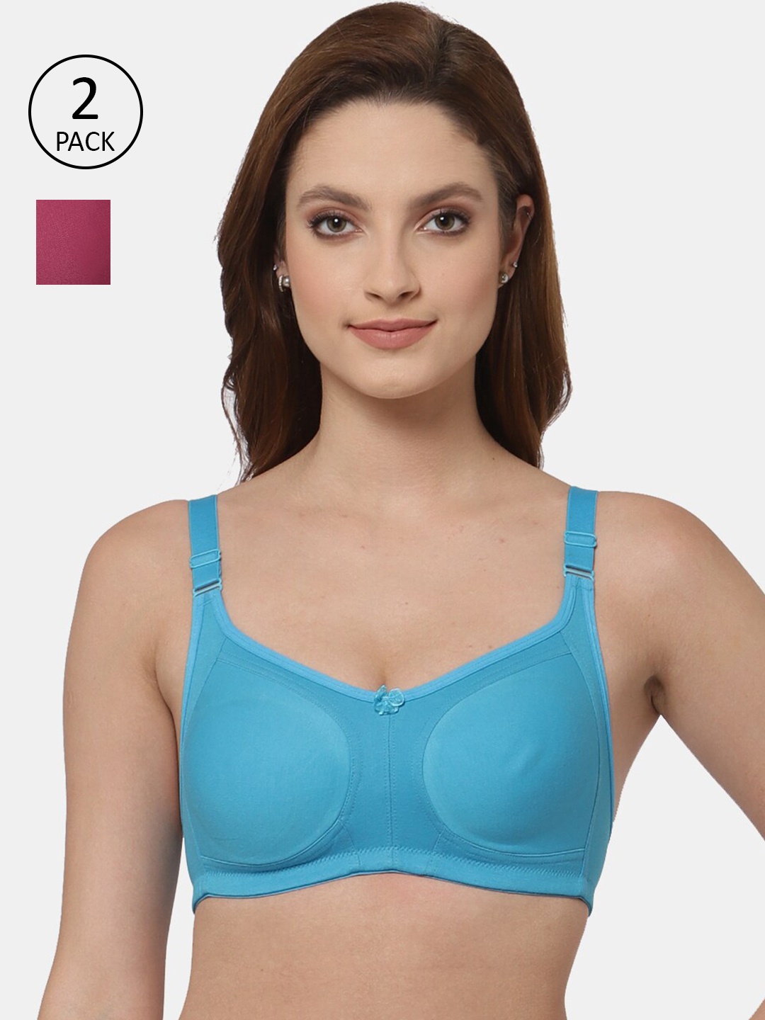 

Floret Pack of 2 Non Padded Non-Wired Cotton Full Coverage Everyday Bra With Moulded Cups, Turquoise blue