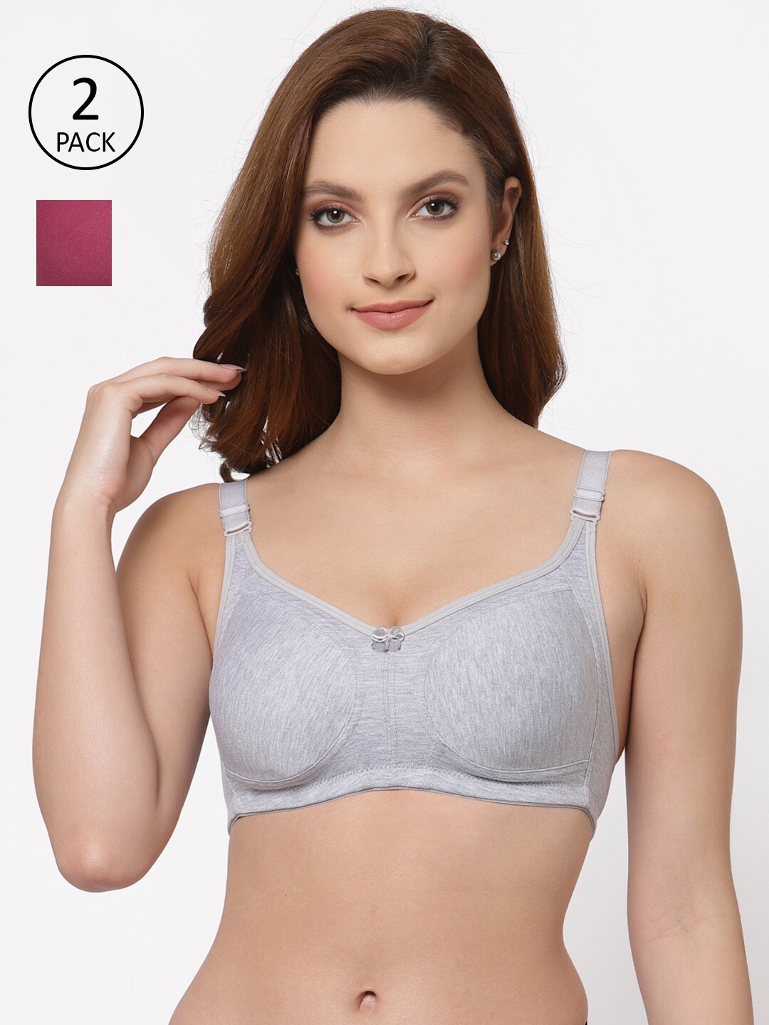 

Floret Pack of 2 Non Padded Non-Wired Cotton Full Coverage Everyday Bra With Moulded Cups, Grey melange