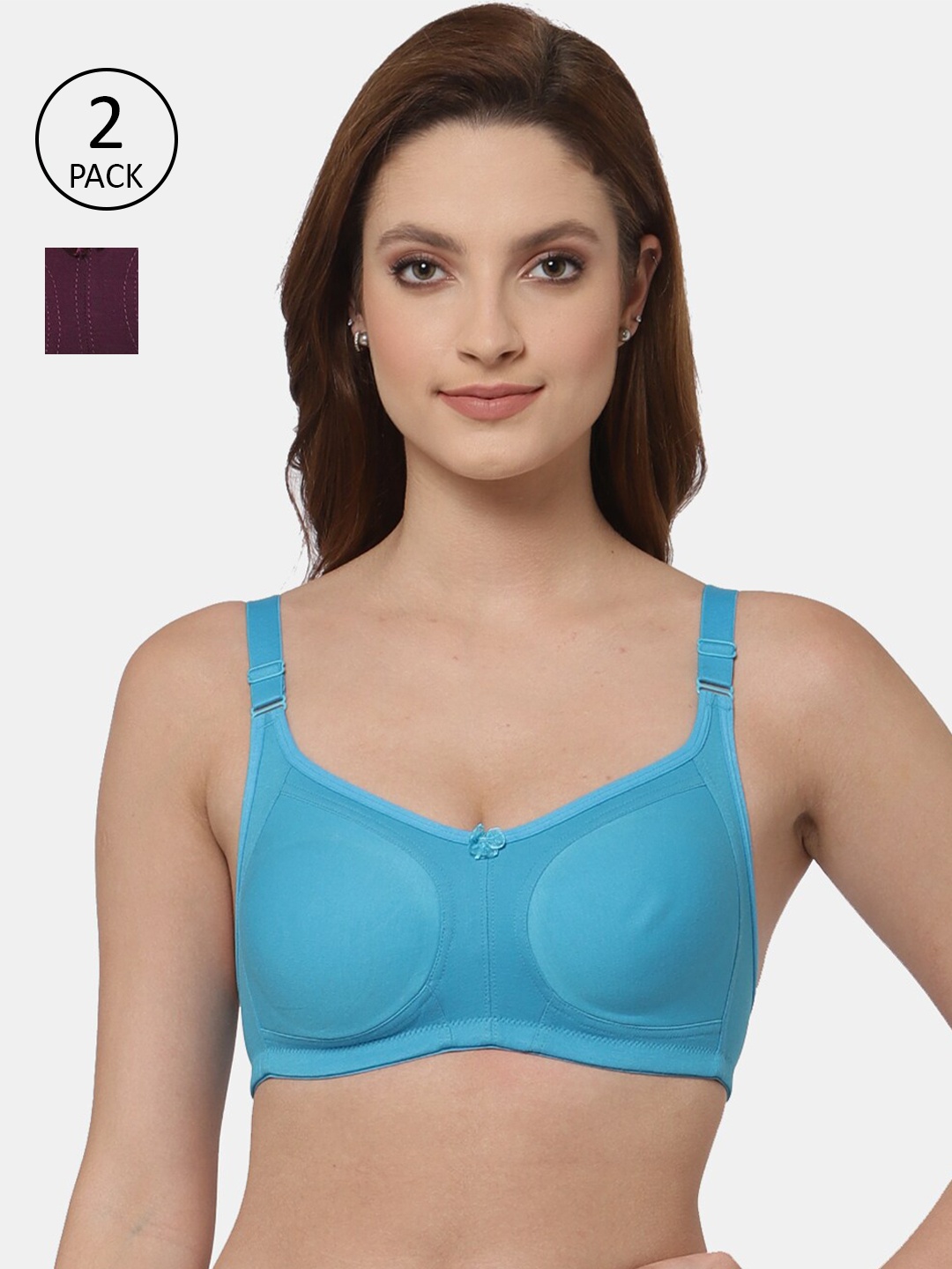 

Floret Pack of 2 Non Padded Non-Wired Cotton Full Coverage Everyday Bra With Moulded Cups, Turquoise blue