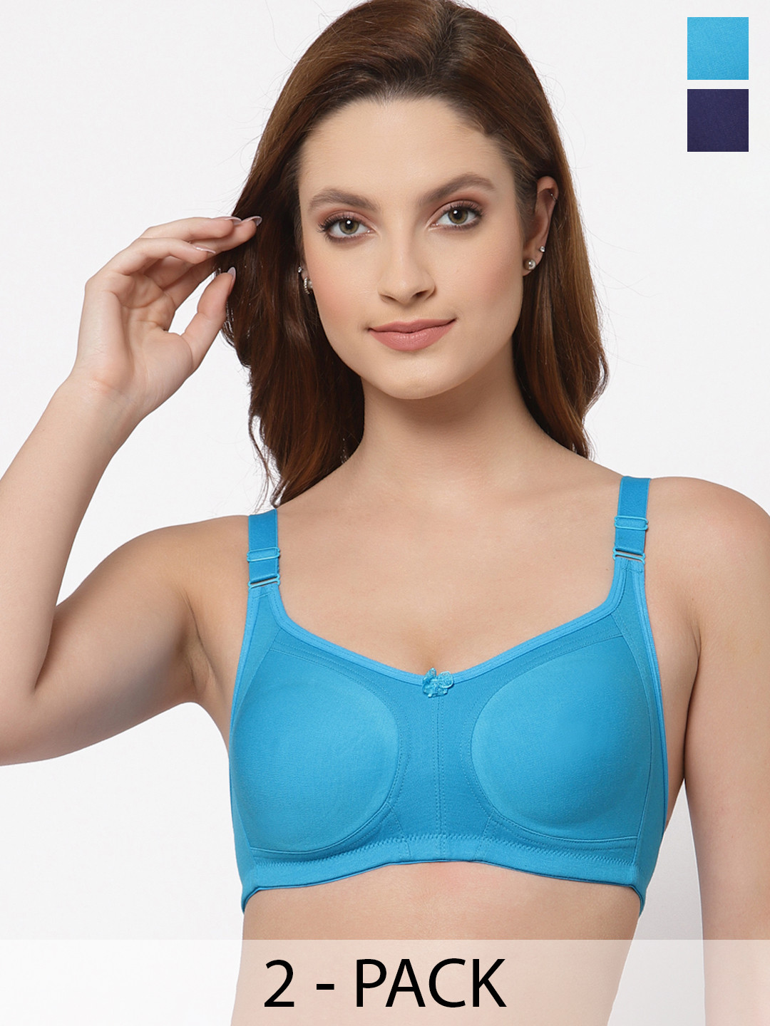 

Floret Pack of 2 Non Padded Non-Wired Cotton Full Coverage Everyday Bra With Moulded Cups, Turquoise blue