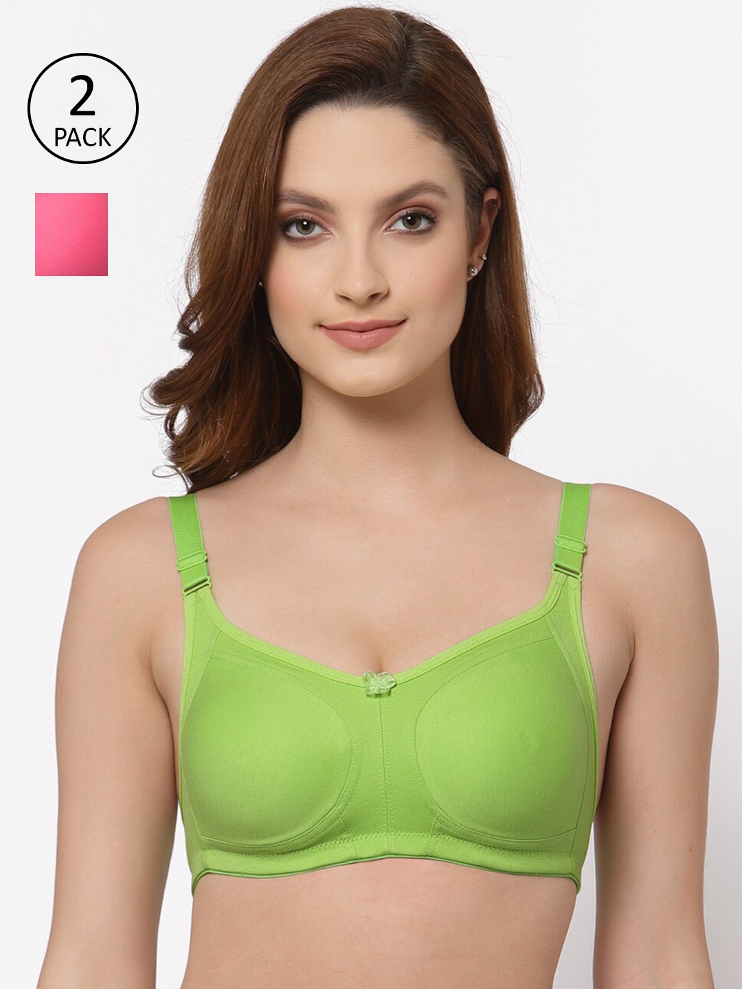 

Floret Pack of 2 Non Padded Non-Wired Cotton Full Coverage Everyday Bra With Moulded Cups, Lime green