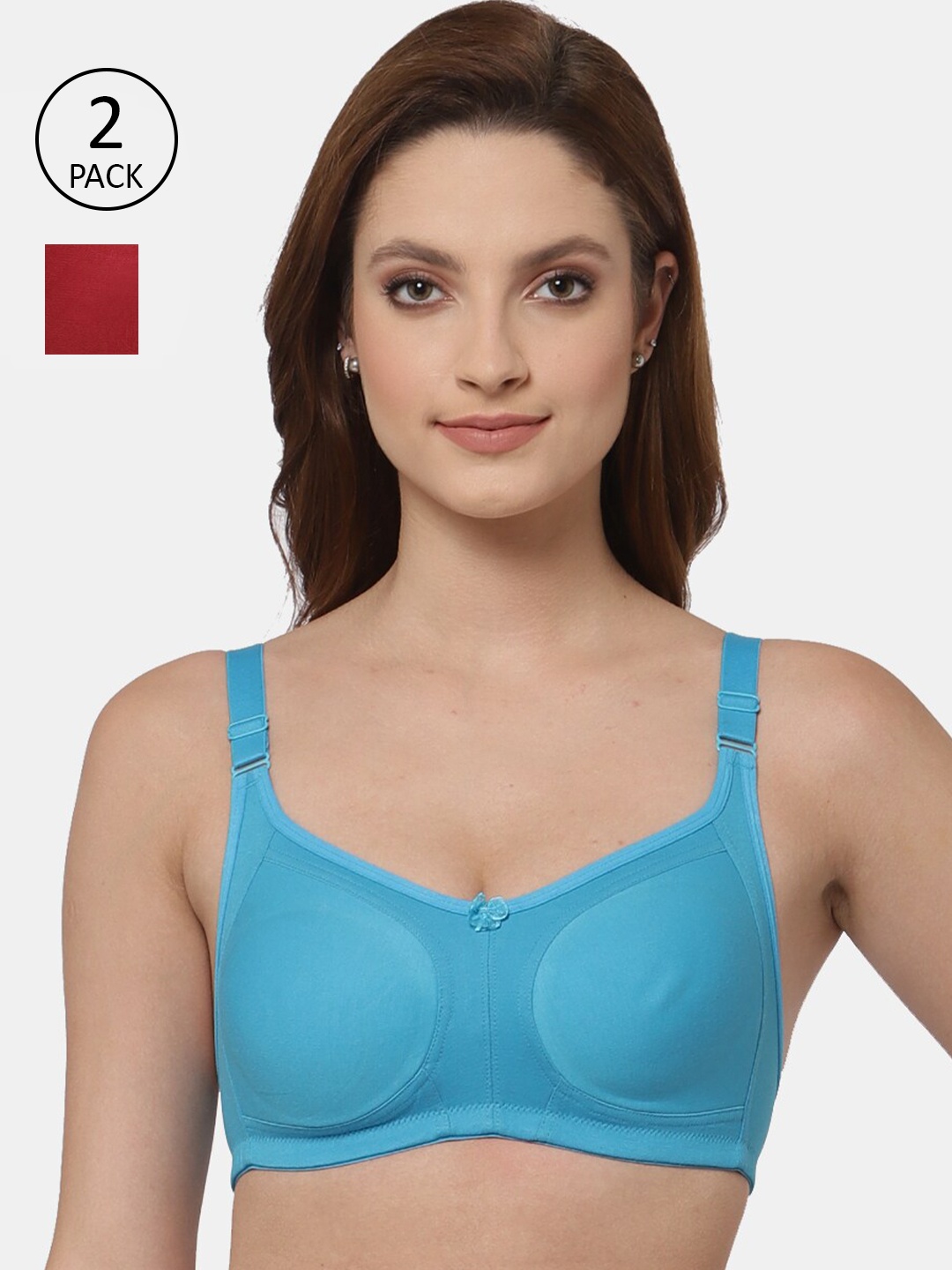 

Floret Pack of 2 Non Padded Non-Wired Cotton Full Coverage Everyday Bra With Moulded Cups, Turquoise blue