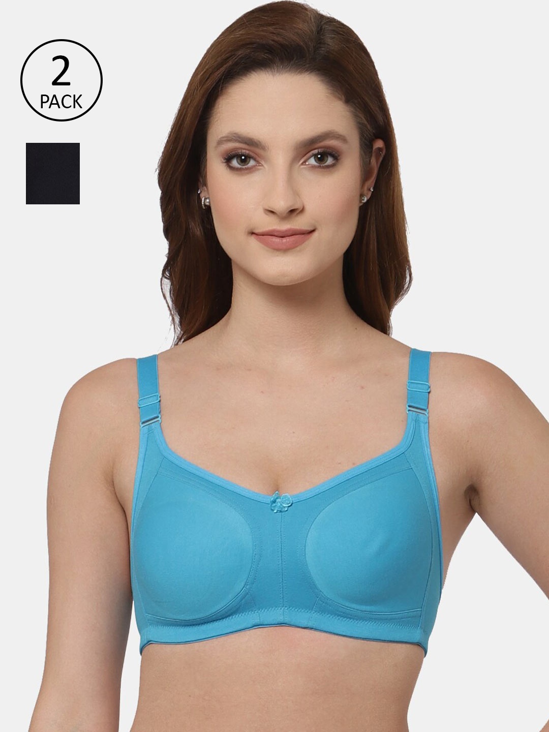 

Floret Pack of 2 Non Padded Non-Wired Cotton Full Coverage Everyday Bra With Moulded Cups, Turquoise blue