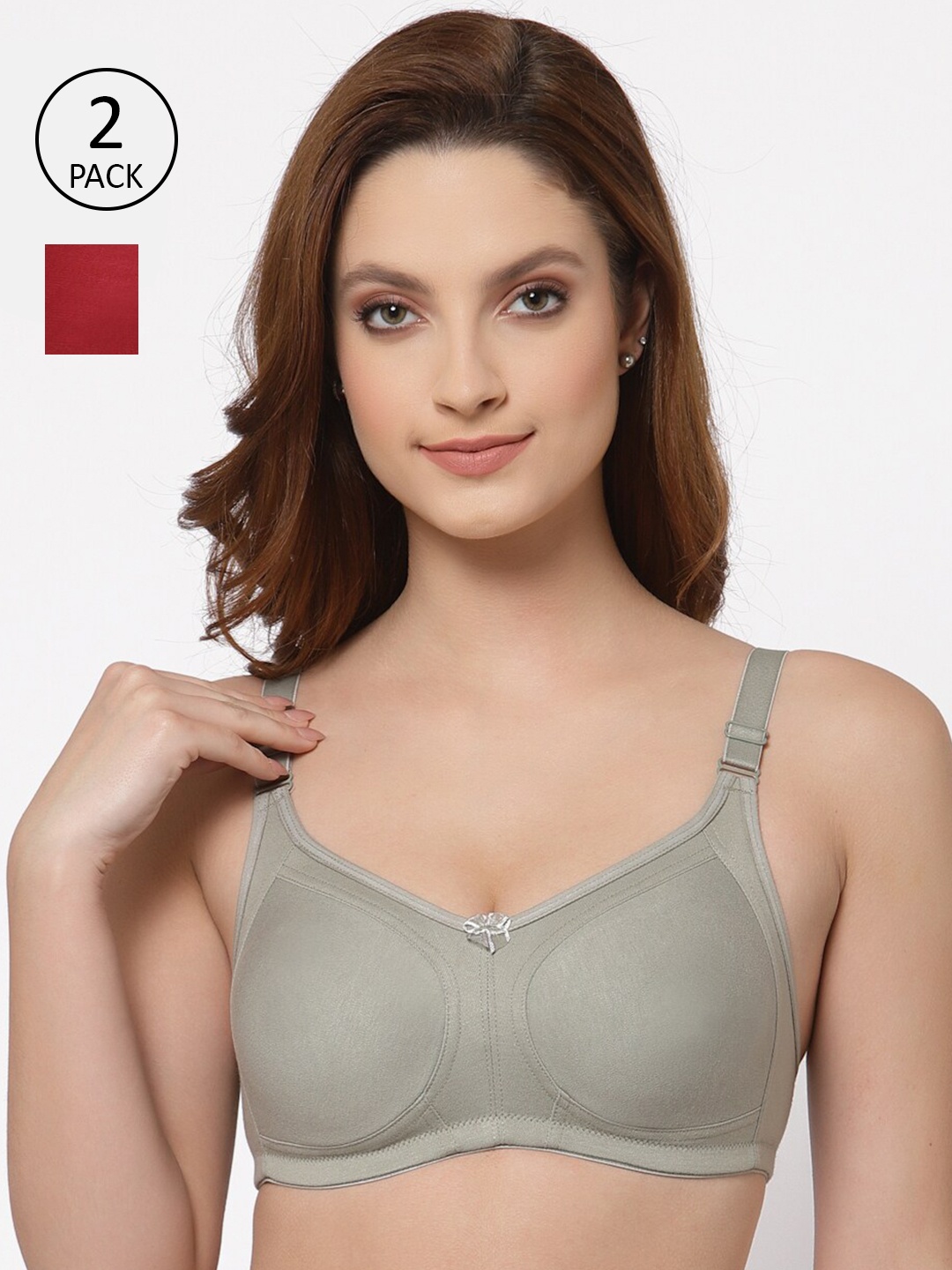 

Floret Pack of 2 Non Padded Non-Wired Cotton Full Coverage Everyday Bra With Moulded Cups, Grey