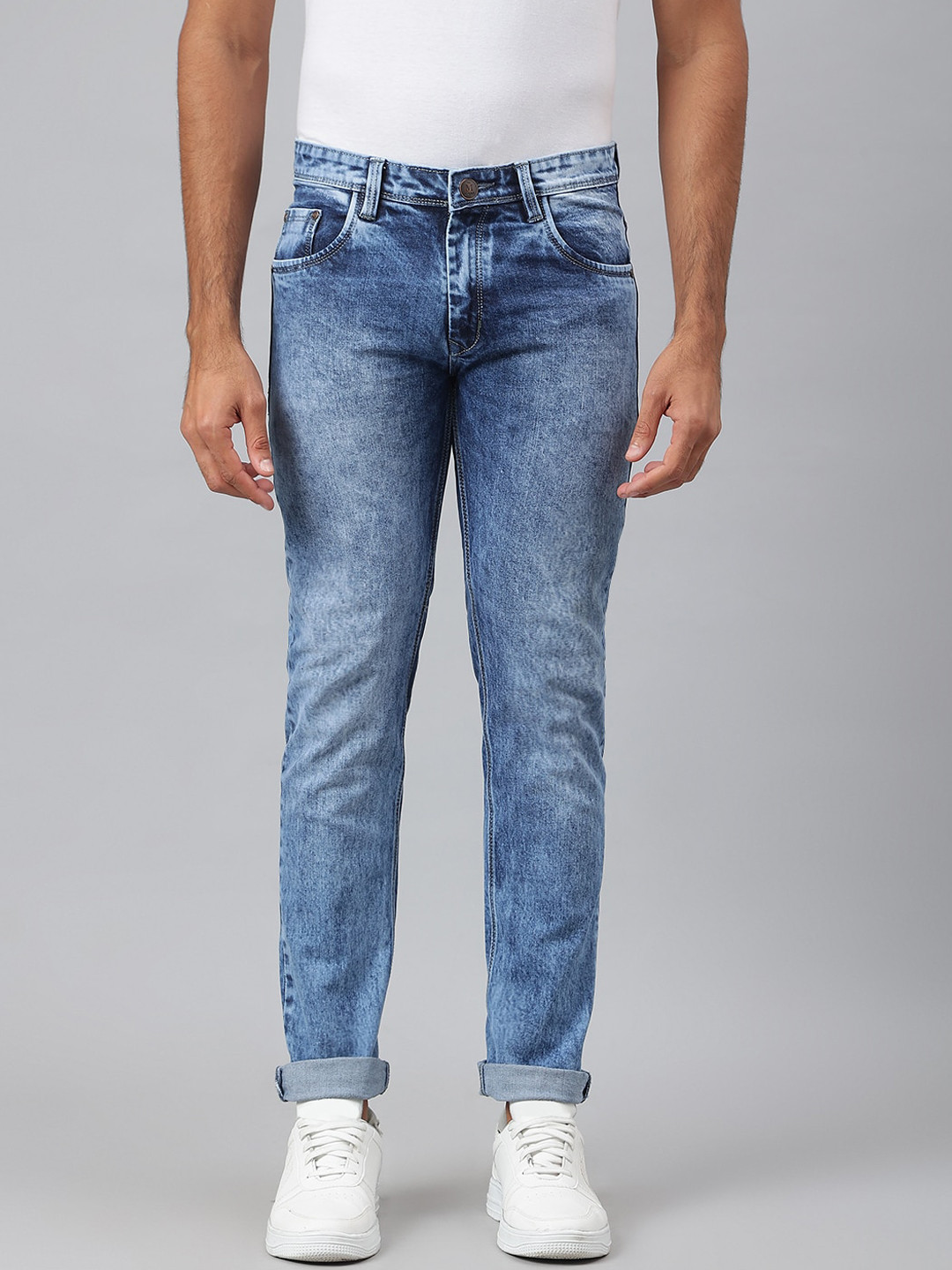 

MR BUTTON Men Blue Slim Fit Low Distress Heavy Fade Cotton Jeans