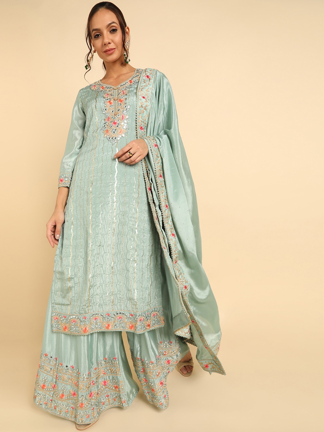 

AHIKA Women Teal Floral Embroidered Thread Work Kurta with Palazzos & With Dupatta