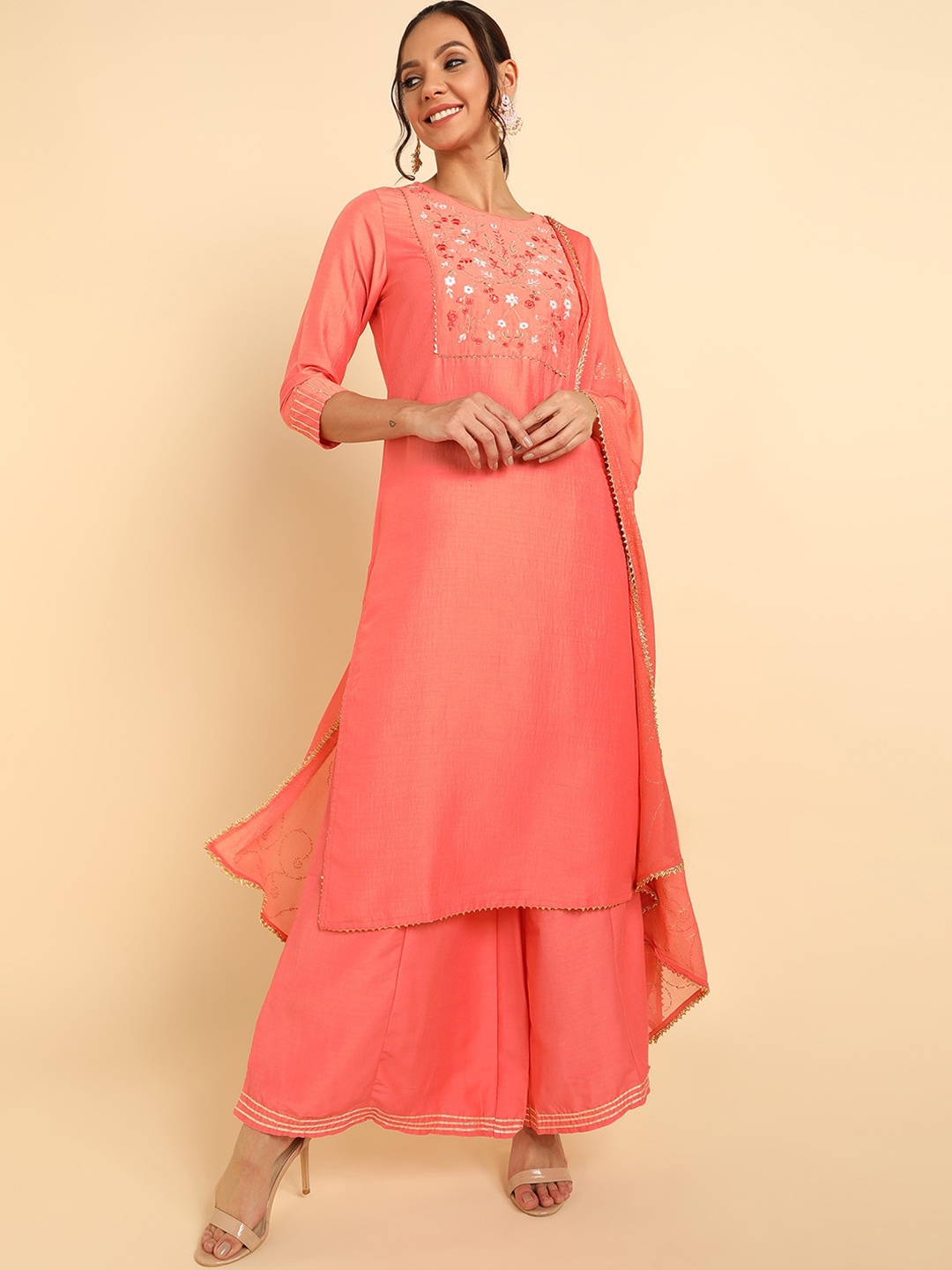 

AHIKA Women Peach-Coloured Floral Embroidered Sequinned Pure Cotton Kurta with Trousers & With Dupatta
