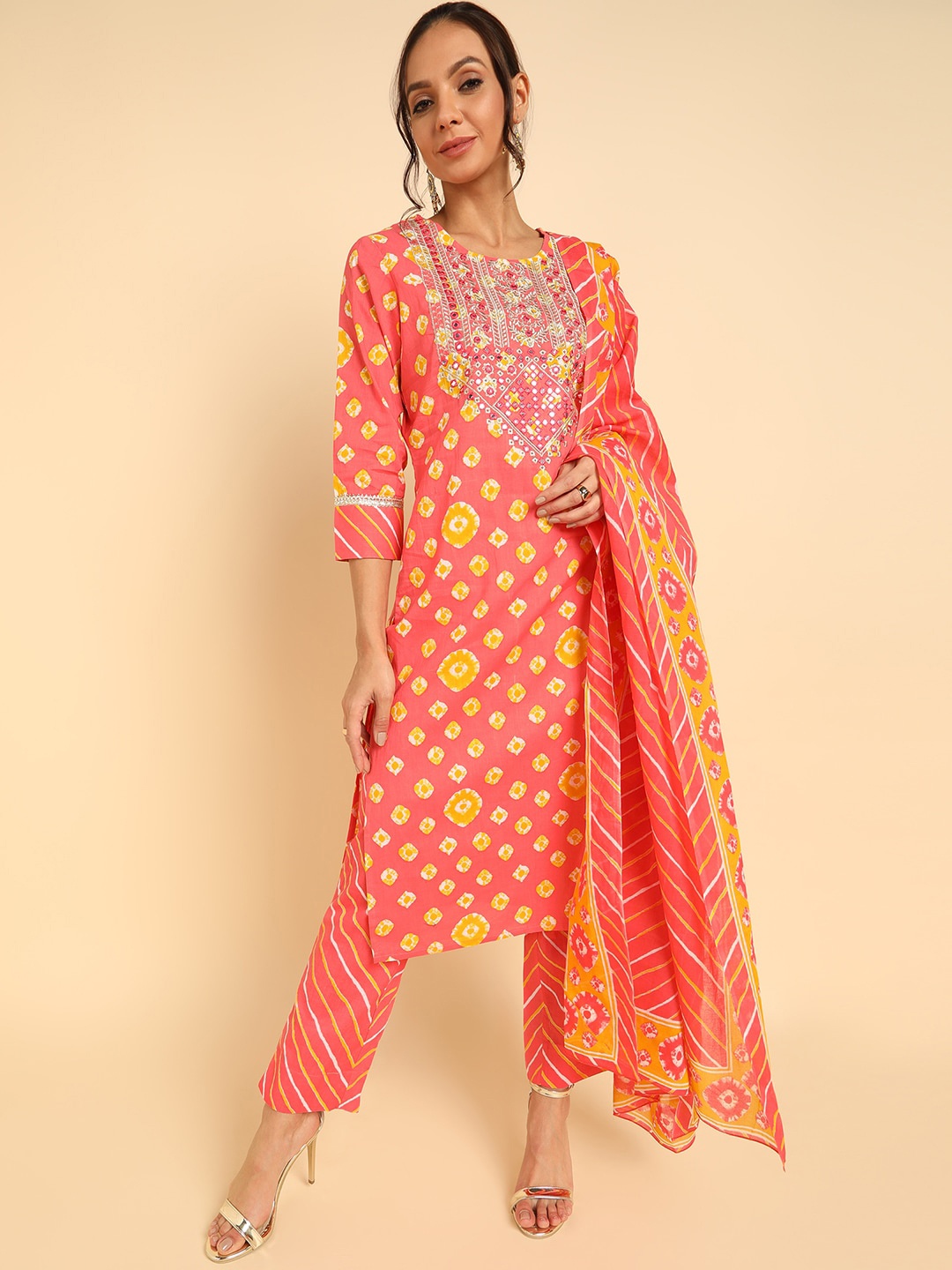 

AHIKA Women Coral Bandhani Printed Thread Work Pure Cotton Kurta with Trousers & With Dupatta