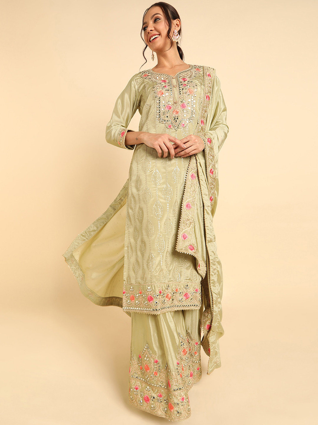 

AHIKA Women Olive Green & Pink Floral Embroidered Kurta with Palazzos & With Dupatta