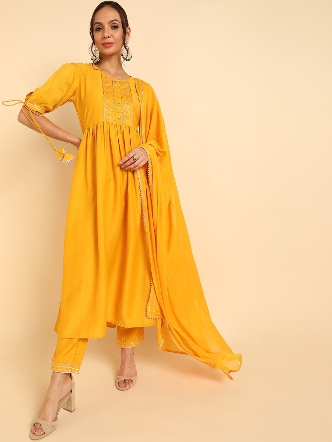 

AHIKA Women Mustard Yellow Yoke Design Pleated Kurta with Trousers & With Dupatta