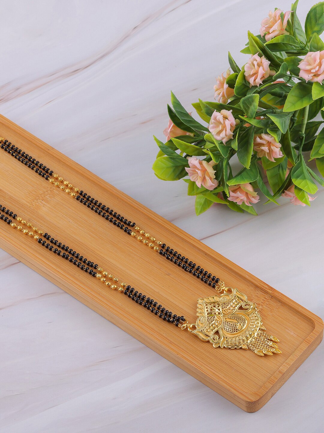 

Brandsoon Gold-Plated Black Beaded Long Mangalsutra